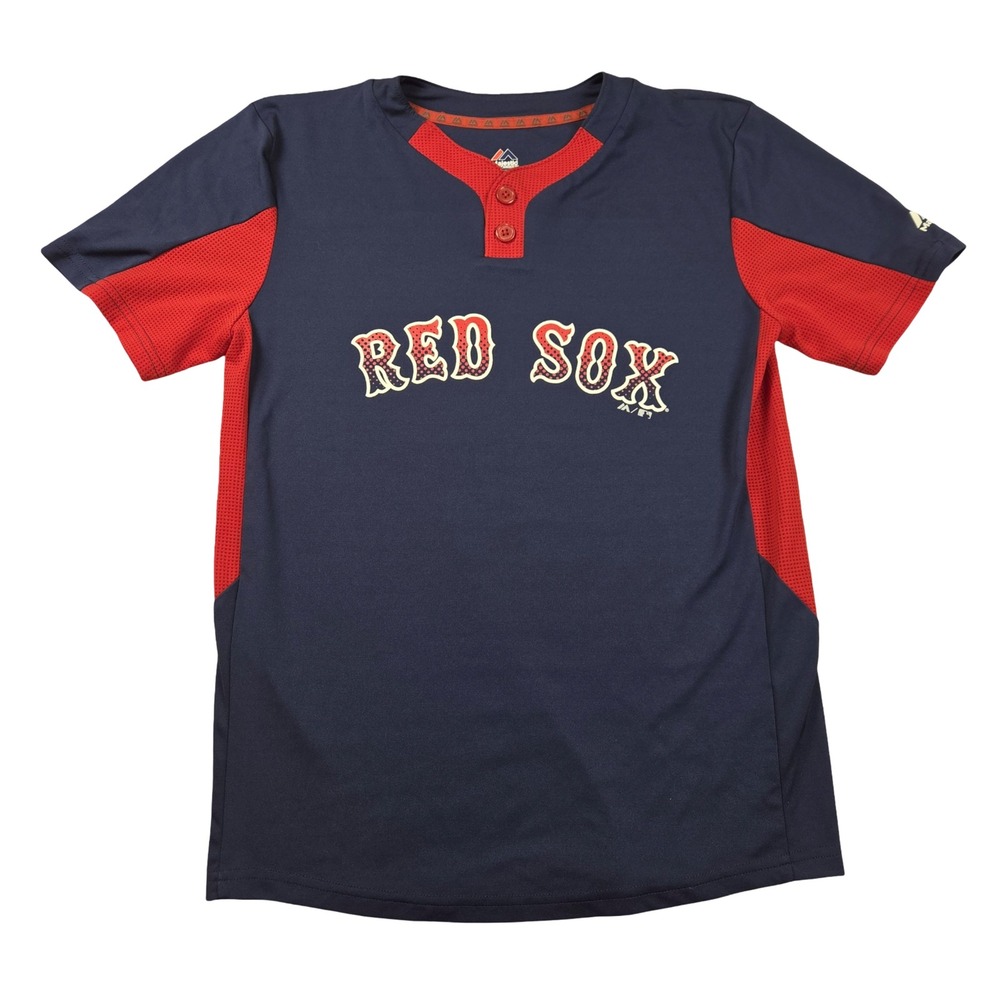 Majestic Boston Red Sox Youth Jersey Navy Red Cool Base Henley Shirt Size Large